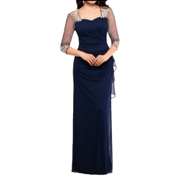 Xscape Long Formal Dress 8P Black Gold Embroidered Wedding Cruise Formal Party - Picture 1 of 16